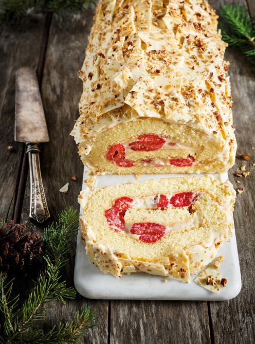 Bûche érable, framboises et chocolat blanc