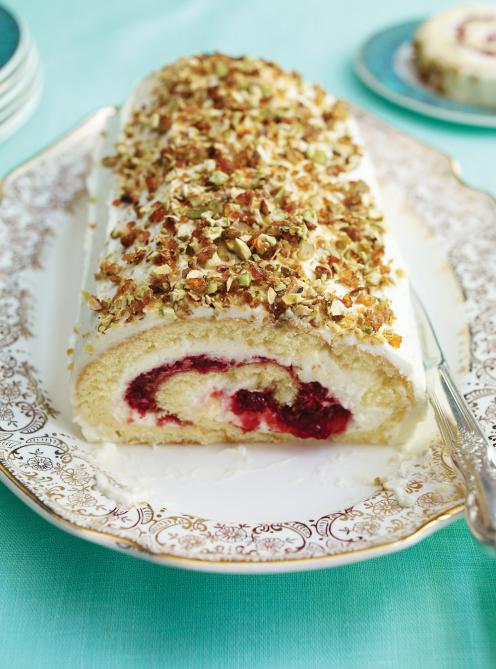 Bûche aux canneberges, framboises, mascarpone et pistaches