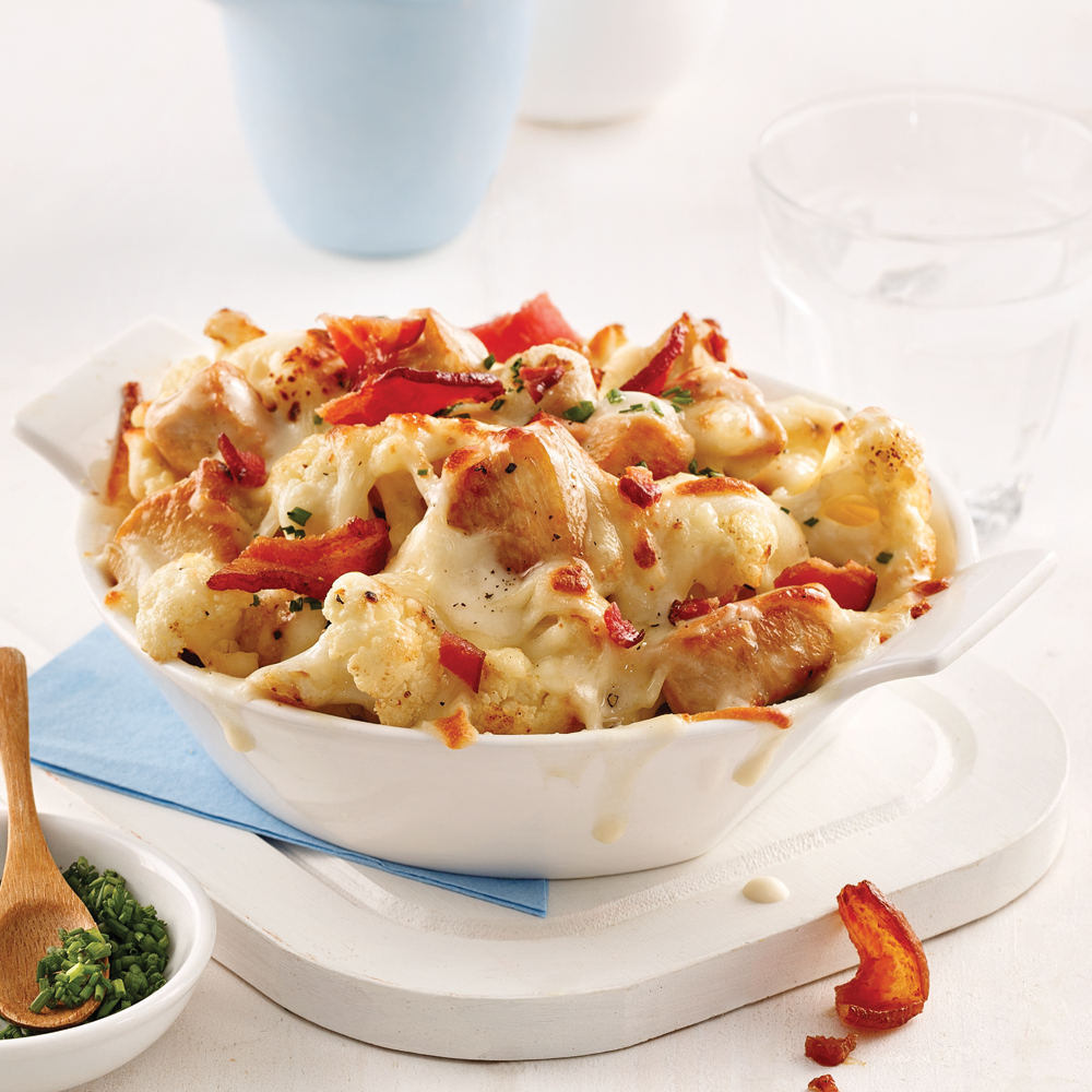 Gratin de chou-fleur, poulet et bacon