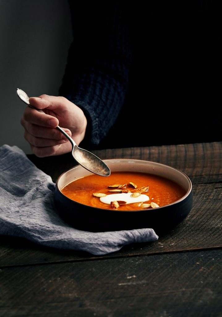 Potage à la citrouille, à l’orange & à la pancetta