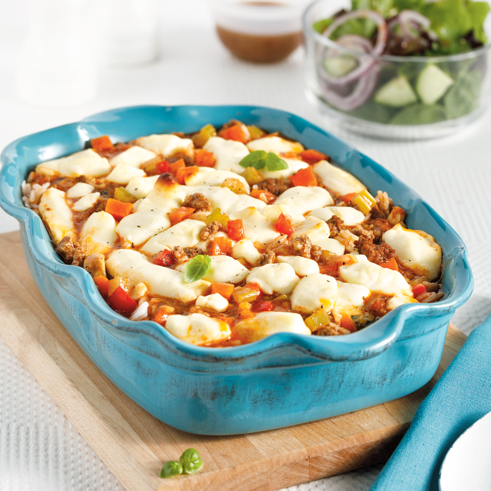 Riz au boeuf haché et fromage en grains