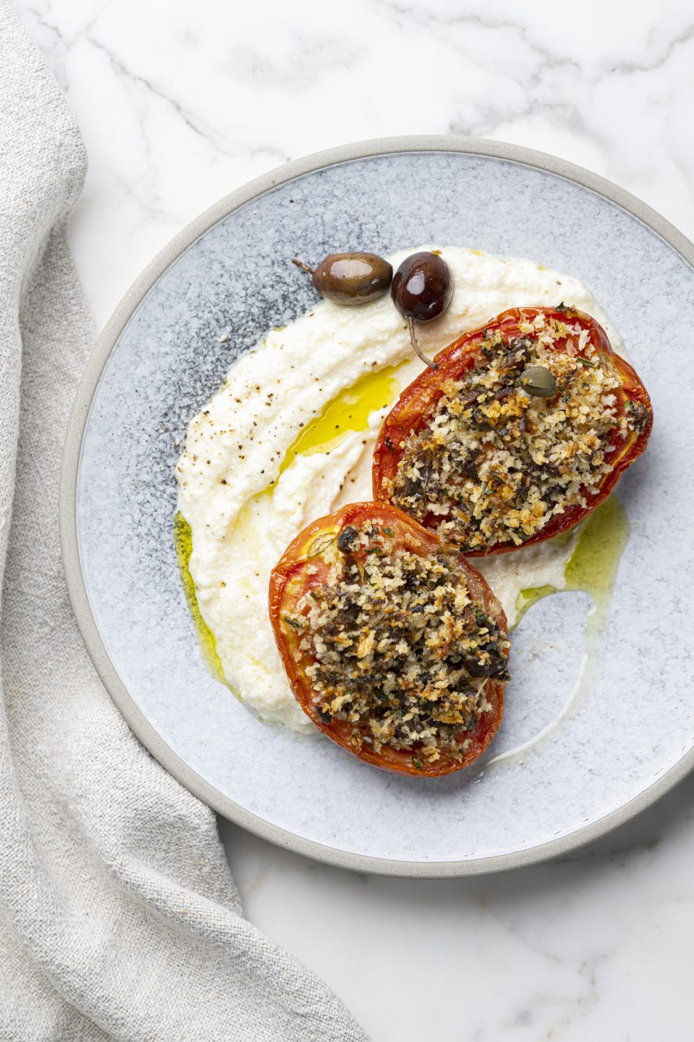 Tomates gratinées au parmesan, crème de ricotta